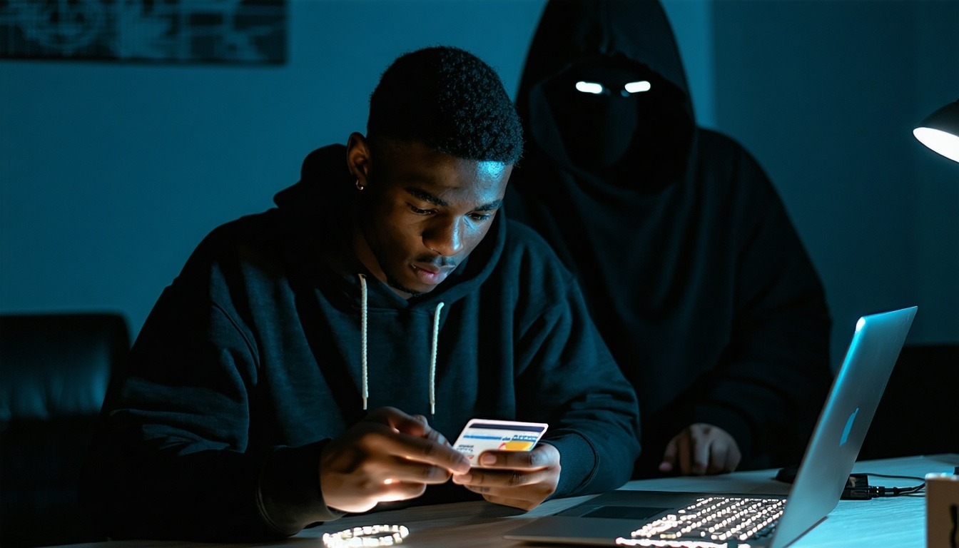 A dimly lit room with a young black man scanning his bank card on to his laptop in front of him but unaware of a hooded, faceless, shadowy figure looking over the young man's shoulder at his bank card, implying that the young man failed to protect his privacy data online. The overall ambiance evokes a sense of danger and urgency. 