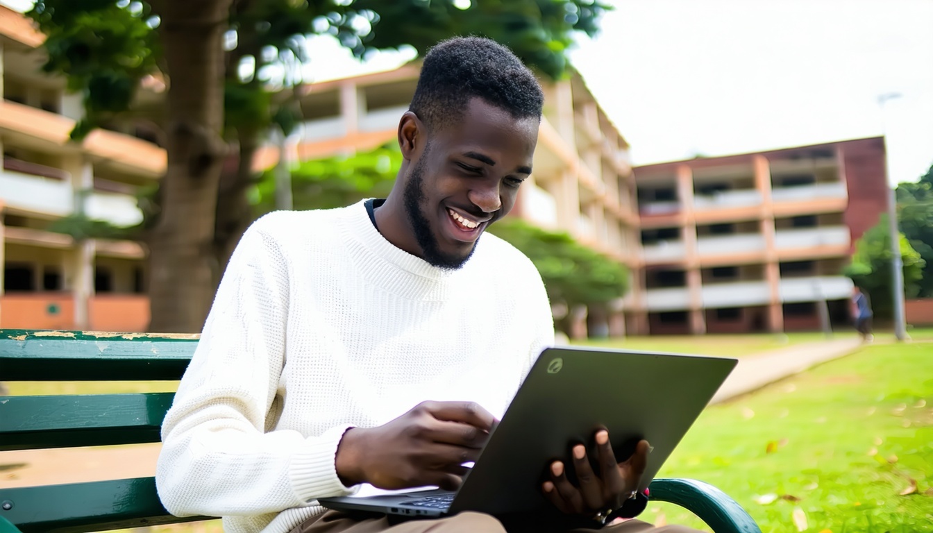 A young black man sitting on a campus park bench with a school hall in the background. He is excitedly holding his laptop with one hand and punching the keys with another hand. This illustrates a typical young Nigerian student engaged in crypto trading or betting or any other exciting online activity where personal information exposure may occur.