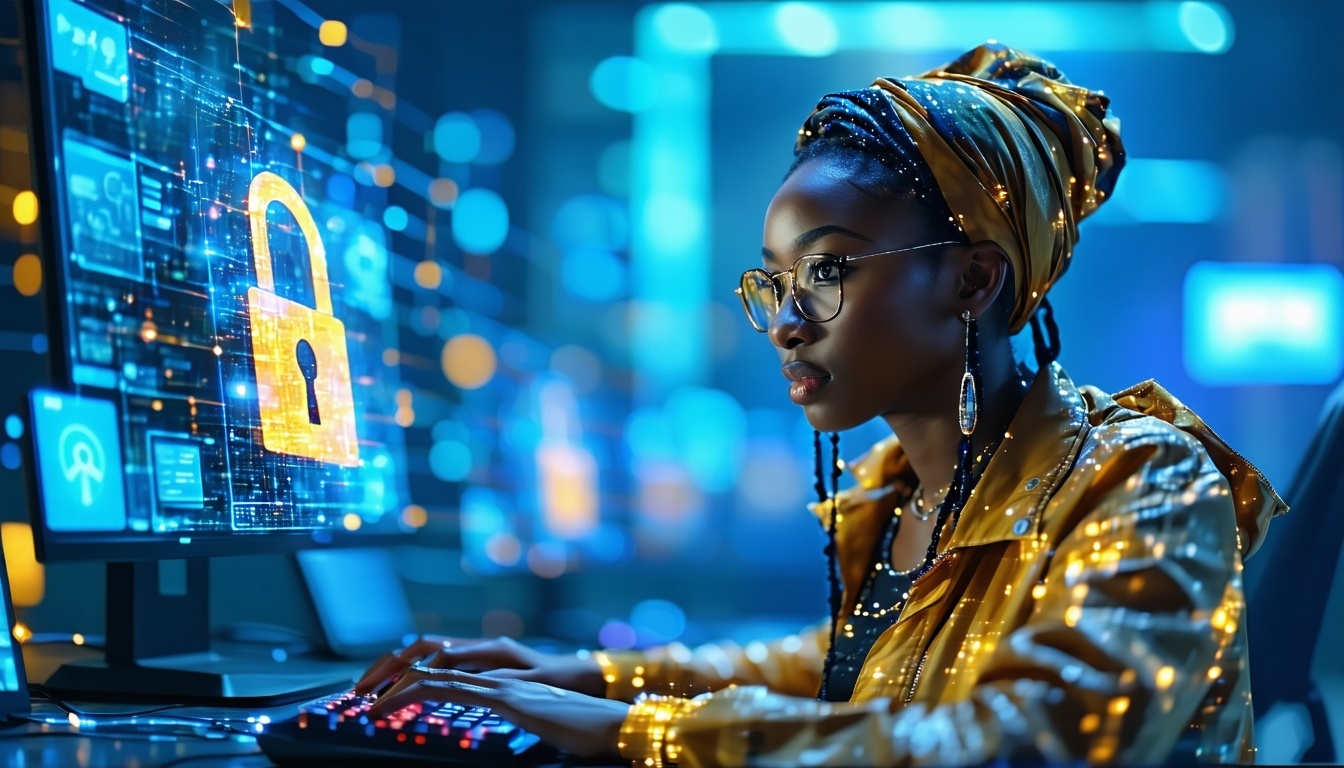 Image of a young Nigerian woman engaged in online activities but protected against personal information leaks signified by the image of padlock among the cyberspace images in front of her. The ambiance evokes privacy data security and protection.