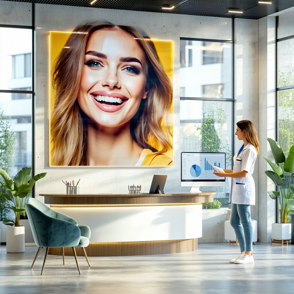 The image depicts a bright and welcoming dental office featuring a modern reception area with sleek furniture and a cheerful color scheme On the wall a large vibrant poster showcases a confident woman smiling broadly displaying her perfect set of den-2
