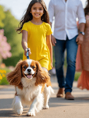 a cavalier king charles spaniel being walked by a little girl