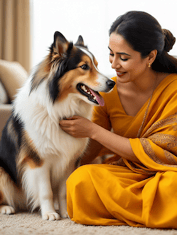 a collie being shown some love by a south asian mom