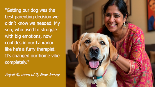 a desi mother with a labrador, expressing her joy of dog ownership