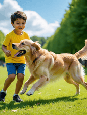 a golden retriever enjoying playtime with a south asian boy