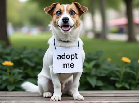 a jack russel terrier with a adopt me sign