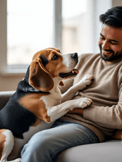 a man enjoying downtime with his playful beagle