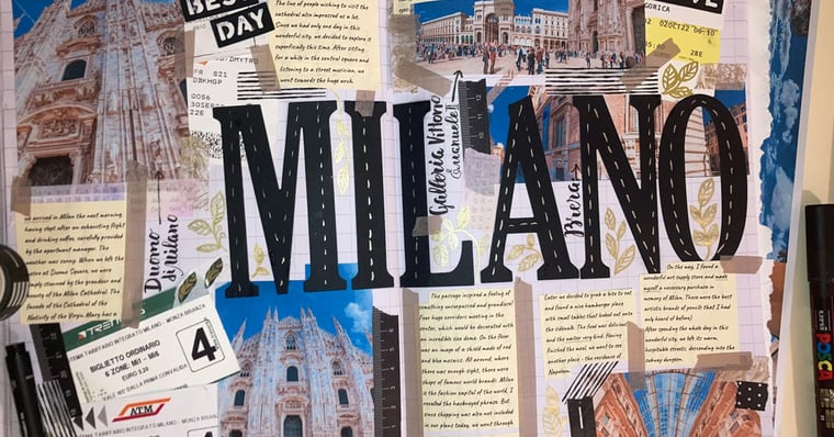 A scrapbook page showing someone’s trip to Milan, Italy.