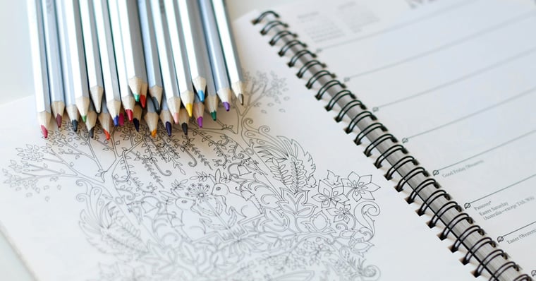 An open agenda laying on a table. The agenda’s left page features a woodland scene colouring page. Laying on top of the agenda are several pencil crayons.