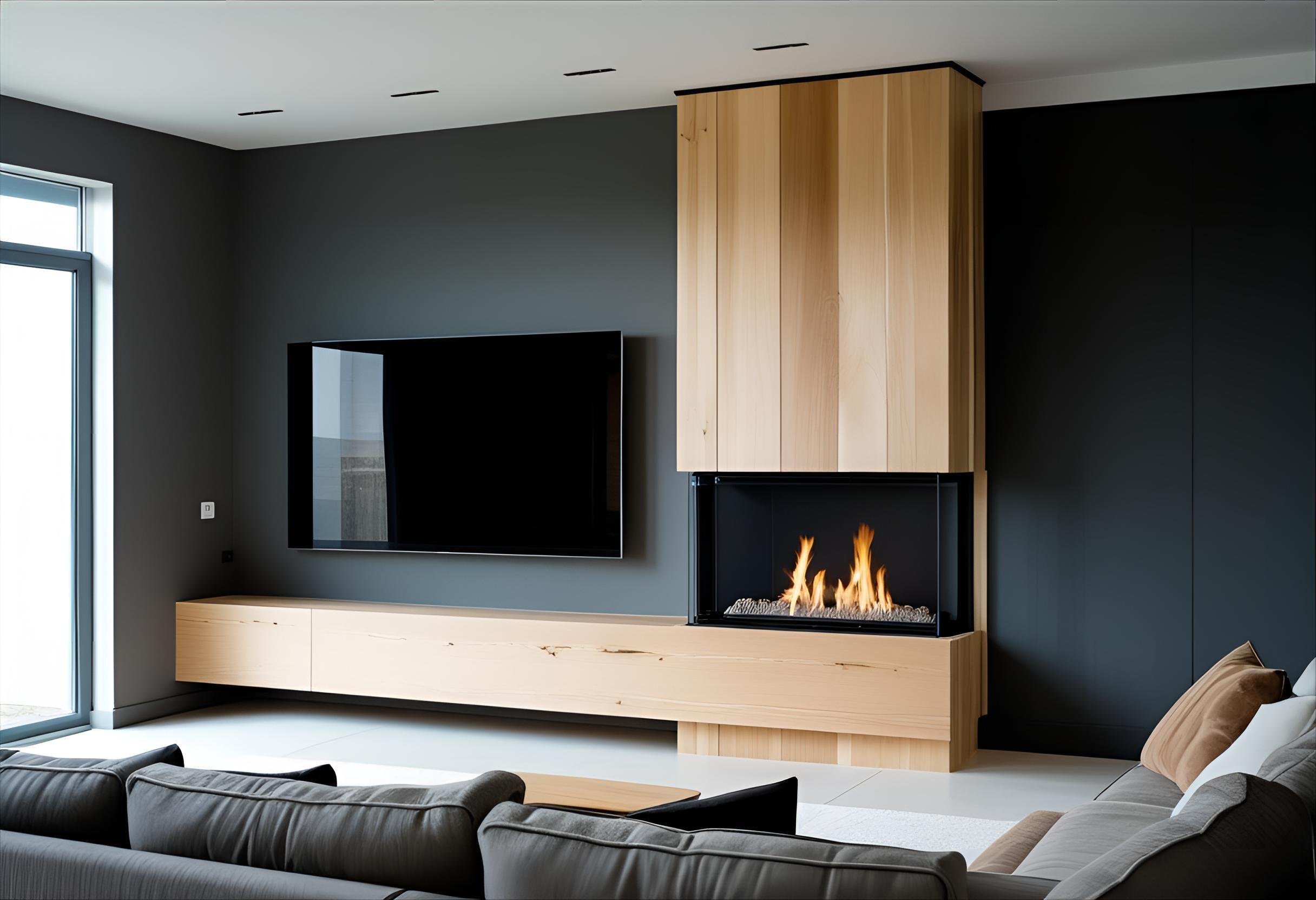 modern living room with tv wall and fir place in the same site to the right in clear wood, tho the right a grey dark wall, photo taken from 15 meters distance-1