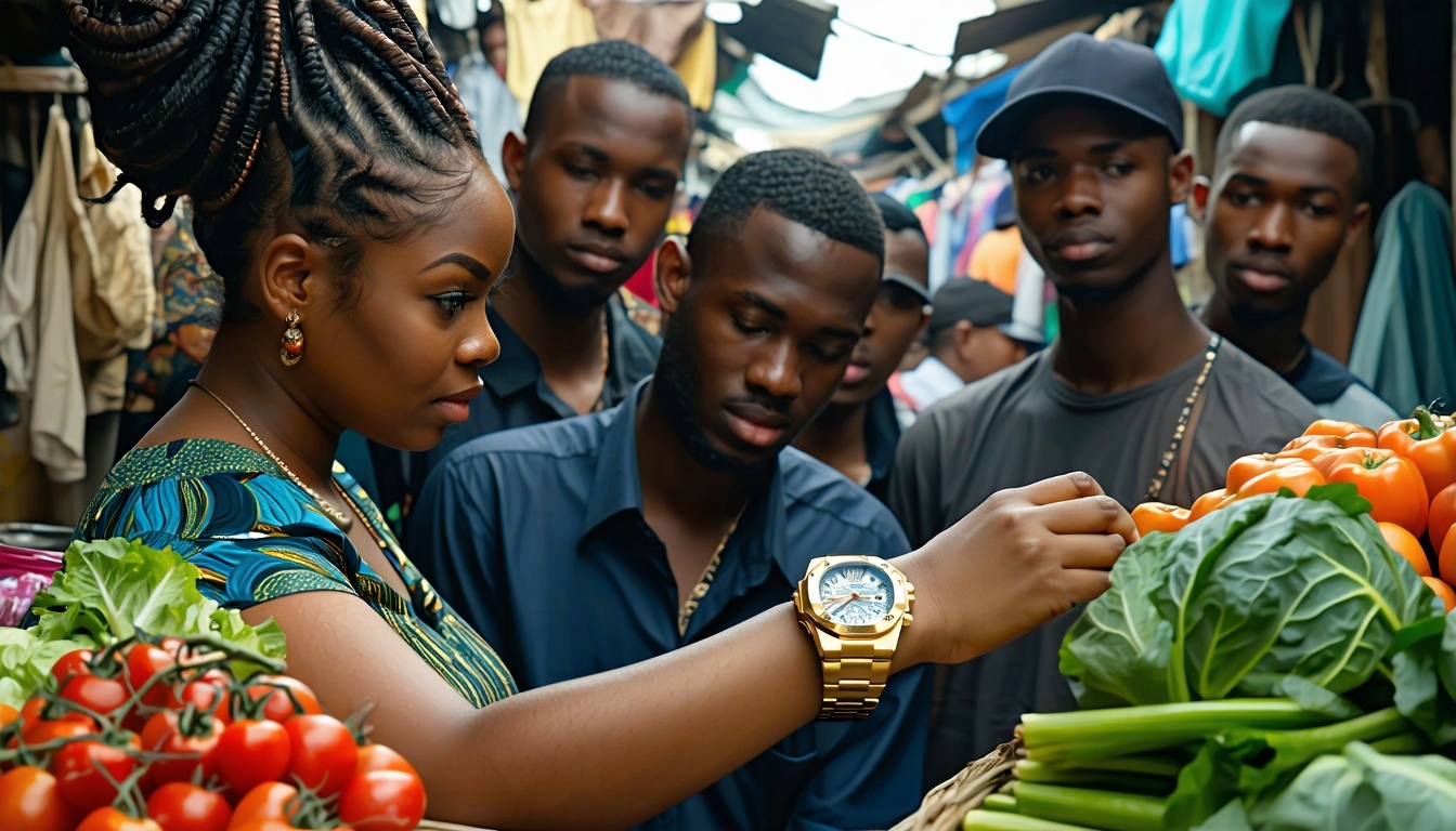 Feature image of a busy Nigerian market with a couple of pickpockets looking at the gold Hublot on the wrist of an unwary shopper as an analogy for the excitement of online activities without privacy data protection despite the danger of privacy data theft always lurking.