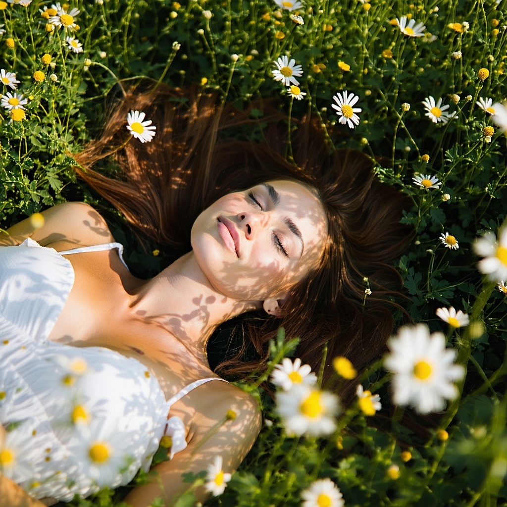 Woman laying in the flower grass, with her eyes closed and the sun shining down on her