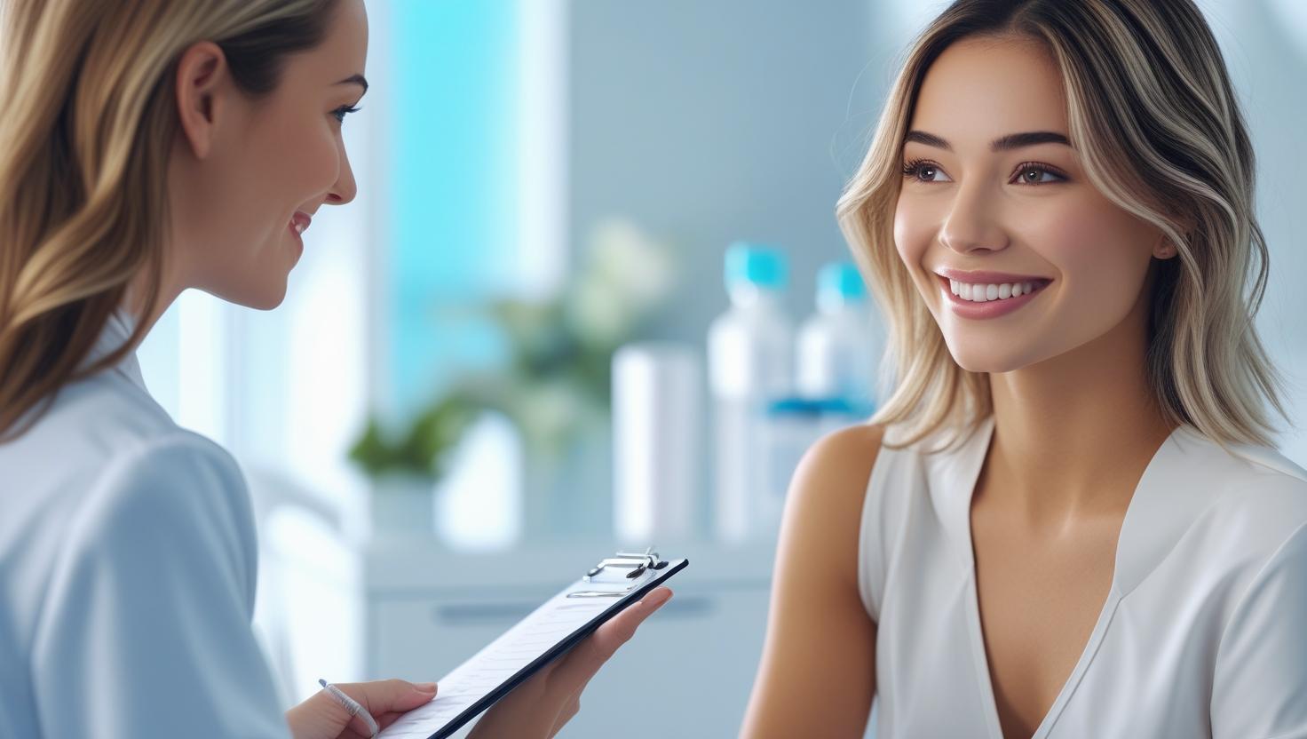 Aesthetic injector consulting with a smiling woman in her 20s